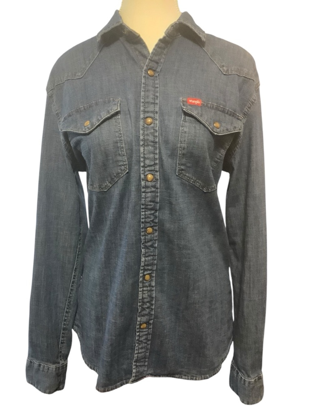 Wrangler Denim Western Snap Button Shirt Chambray Long Sleeve Size Medium